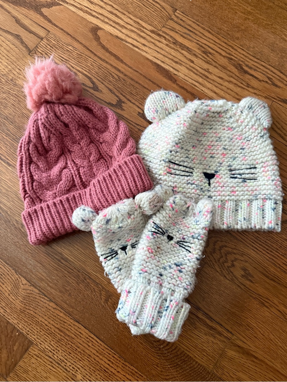 Girls Winter Hat & Mittens Bundle – Knit Cat Set + Pink Pom Beanie